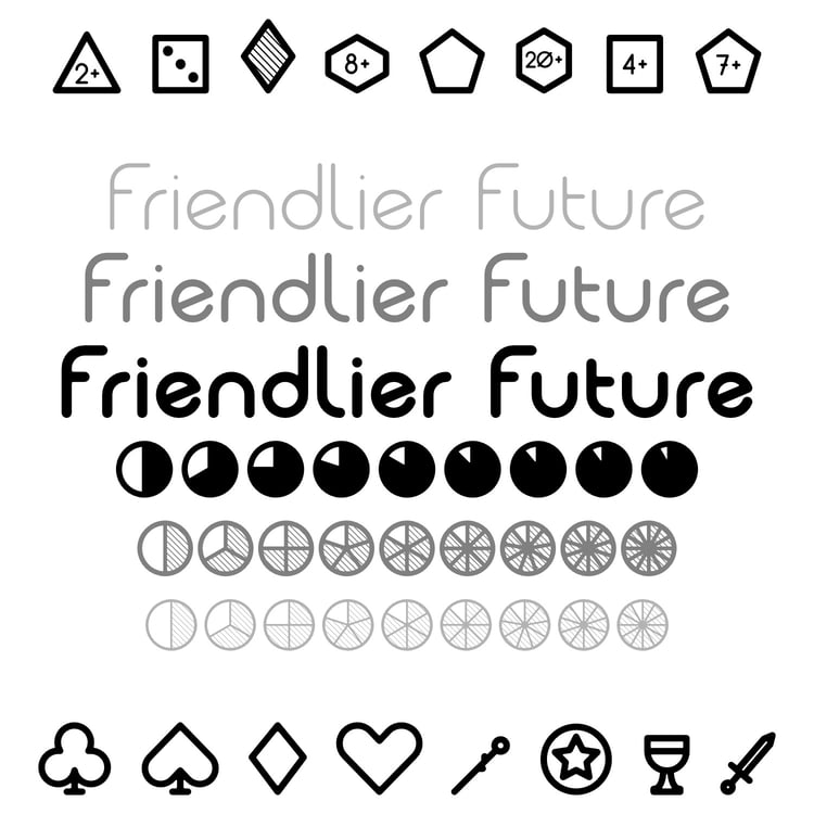 Friendlier Future, a typeface designed for Tabletop Games with a built in set of dice and clocks